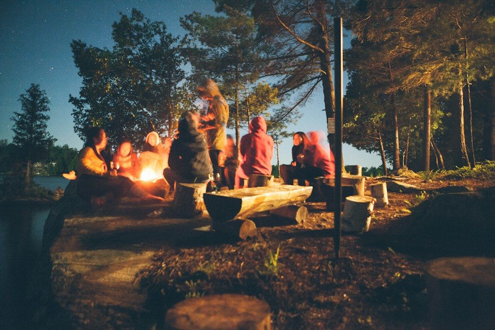 Group gathered around a campfire at night under a starry sky